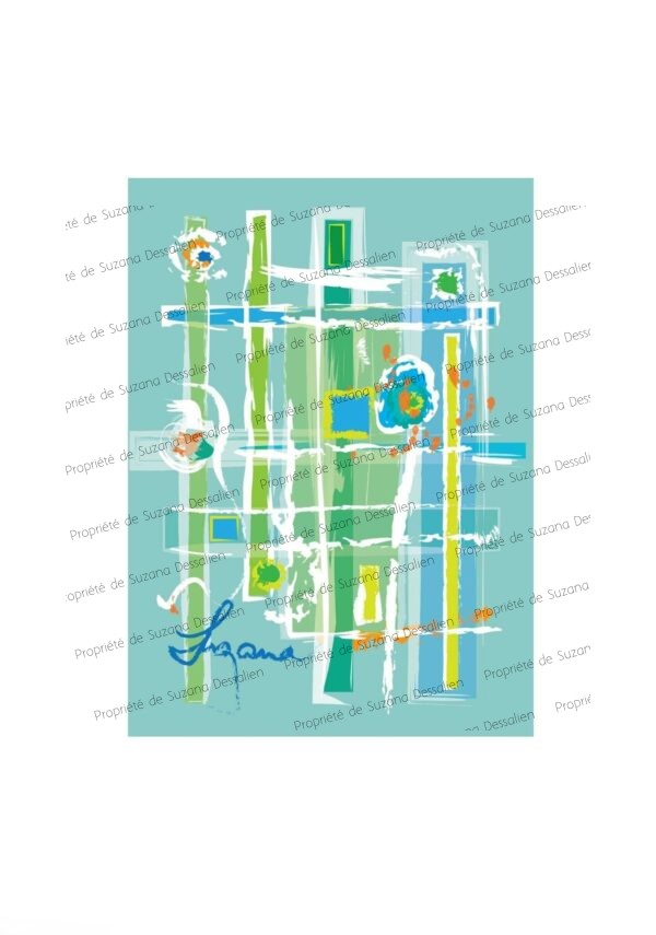 Édition limitée PAO Composition Turquoise par Suzana Dessalien, transparences et nuances cristallines, 40x30cm