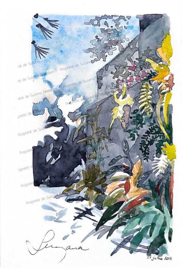 Aquarelle Jardin latéral par Suzana Dessalien, jardin familial intime São Paulo, lumière filtrée verdure protectrice, 21x13.5cm