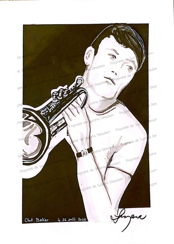 Chet Baker portrait collage encre de chine noir et blanc 30x40cm par Suzana Dessalien