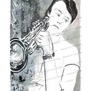 Chet Baker portrait technique mixte trompette 30x40cm par Suzana Dessalien