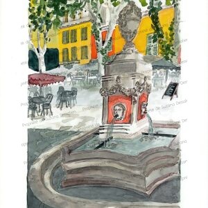 Fontaine des Quatre Saisons Cotignac aquarelle orange jaune 40x30cm par Suzana Dessalien