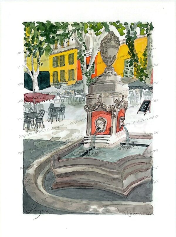 Fontaine des Quatre Saisons Cotignac aquarelle orange jaune 40x30cm par Suzana Dessalien